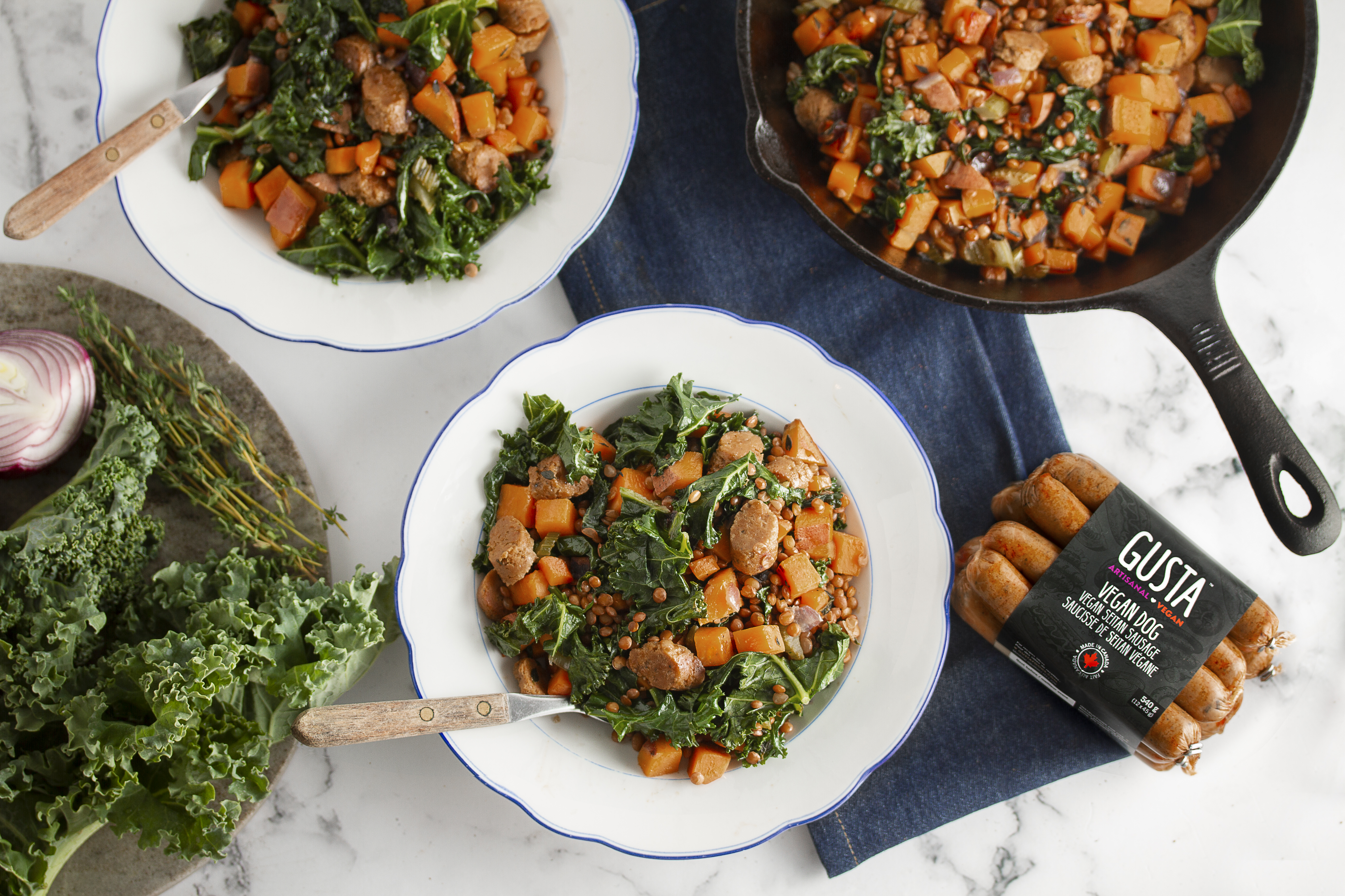 Pan Fried Lentils, Kale and Seitan Sausages