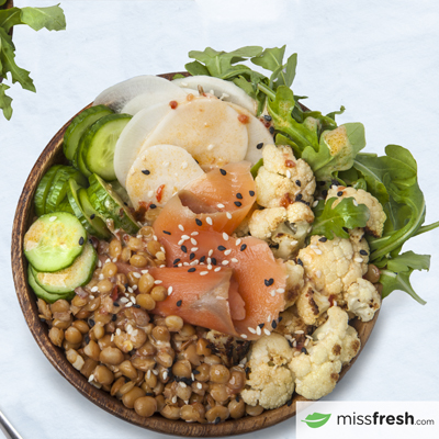 Smoked Salmon Poke Bowls with Roasted Cauliflower and Sesame Seeds