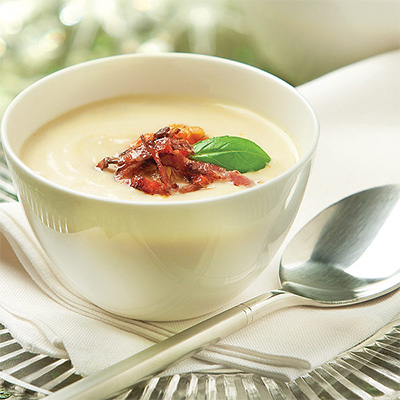 Cauliflower Mascarpone Soup with Roasted Red Pepper Tapenade