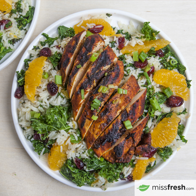 Grilled Blackened Chicken with Orange, Cranberry, and Kale Rice