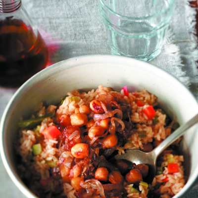 Riz aux légumes et pois chiches caramélisés à l'érable