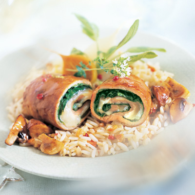 Veal Rolls with Spinach, Gouda and Forestière Sauce