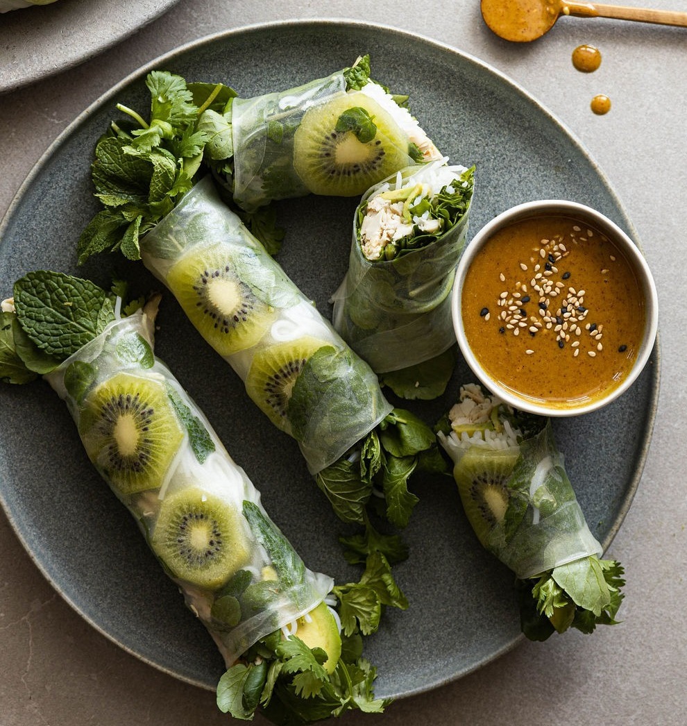 Chicken and Kiwi Spring Rolls with Almond Butter Sauce