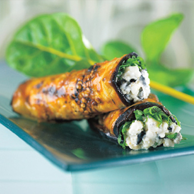 Grilled Eggplant Stuffed with Feta Cheese and Black Olives