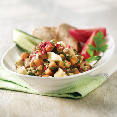 Salade de lentilles vertes, bananes et patate sucrée