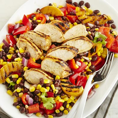 Spicy Chicken, Peach and Corn Dinner Salad