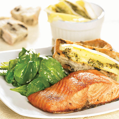 Pan-fried Salmon with Focaccia and Herbed Brie