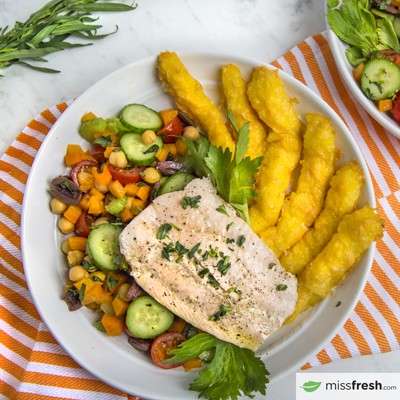 Poached Salmon with Polenta sticks and Chickpea Salad