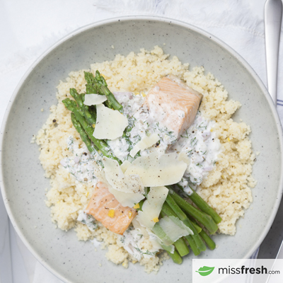 Roasted Salmon with Shallot Cream, Lemon Couscous and Parmesan