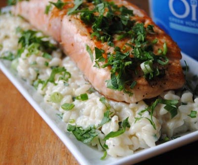 Seared Salmon, Risotto with Herbs and Greek Yogurt