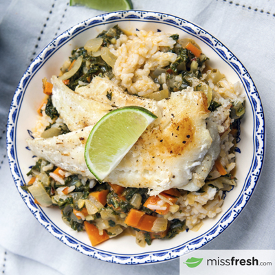 Crispy Thai Sole with Kale and Coconut Curry 
served on Ginger-Coco Rice