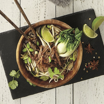 Shredded beef pho with miso-ginger stock, bok choy and edamame