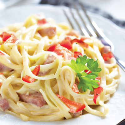 Spaghettini aux légumes et jambon, sauce moutarde