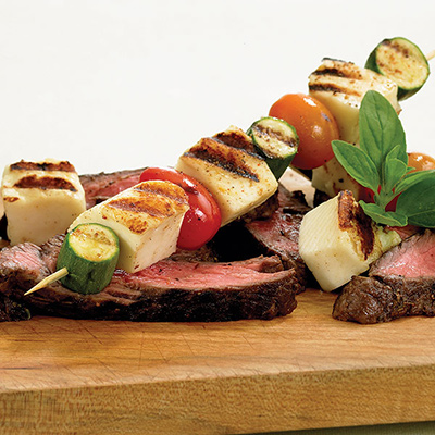 Grilled Flank Steak with Spiced Cheese Brochettes