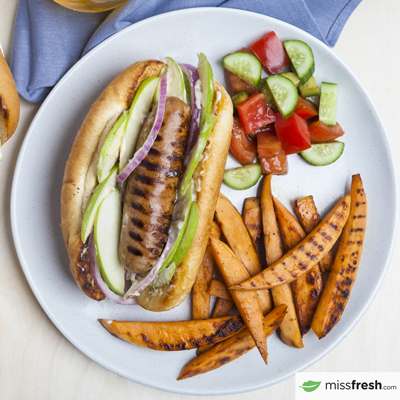 Grilled Sausage Subs with Apple Slaw 
and Sweet Potato Wedges with Tomato and Cucumber Salad