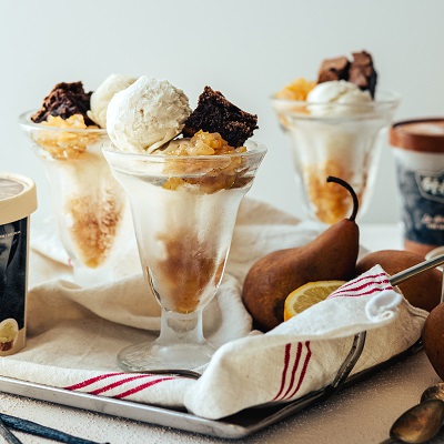 Brownies and pear marmalade sundae