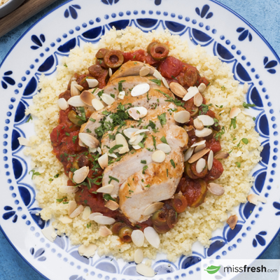 Chicken Supreme with Tomatoes and Olives 
with Couscous and Almonds