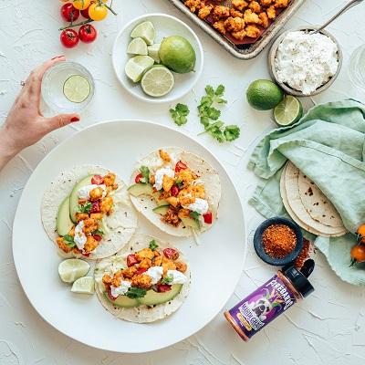 Cajun tofu,coleslaw and creamy feta tacos