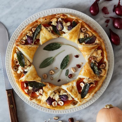 Squash and Goat Cheese Tarte Soleil with Hazelnuts and Sage