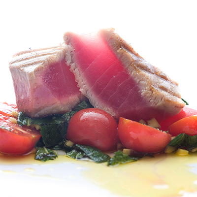 Grilled Tuna Steaks Cherry Tomato, Mint and Ginger Salad