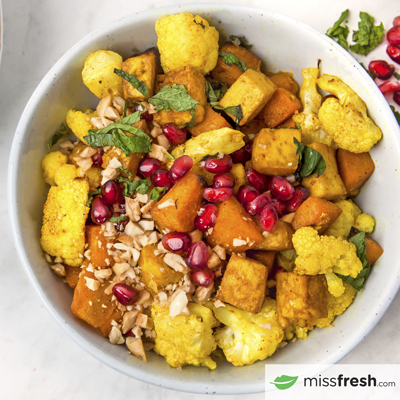 Sheet Pan Curried Tofu with Vegetables and Pomegranate