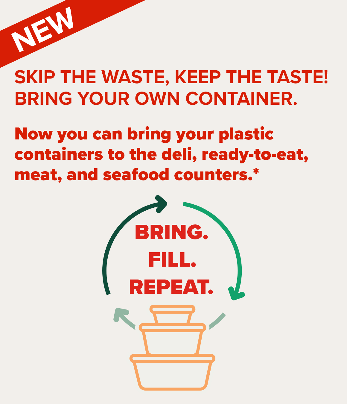 NEW - SKIP THE WASTE, KEEP THE TASTE! BRING YOUR OWN CONTAINER. Now you can bring your plastic containers to the deli, ready-to-eat, meat, and seafood counters.* - BRING. FILL. REPEAT.